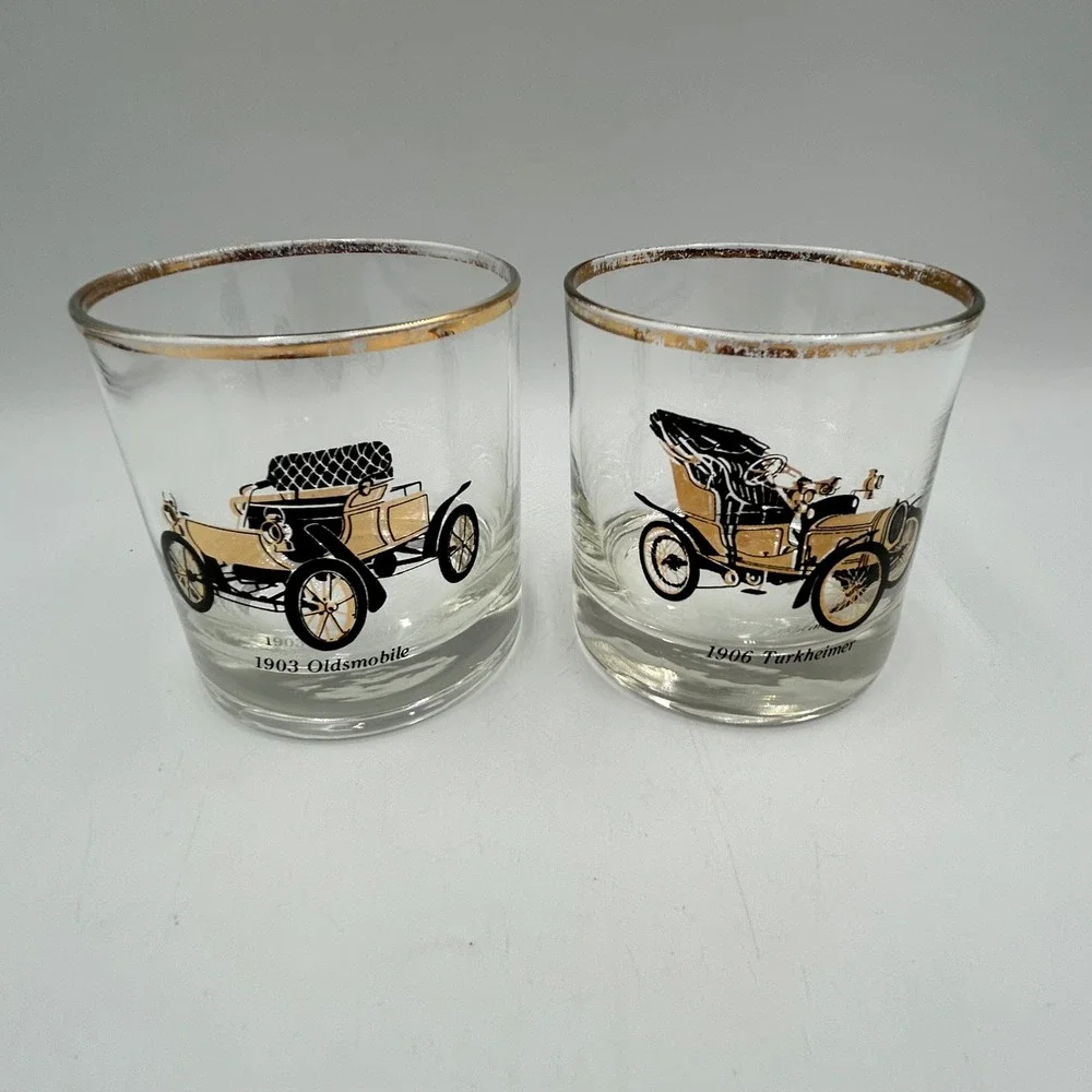Rocks Glass Clear Vintage Antique Car Gold Rim Good